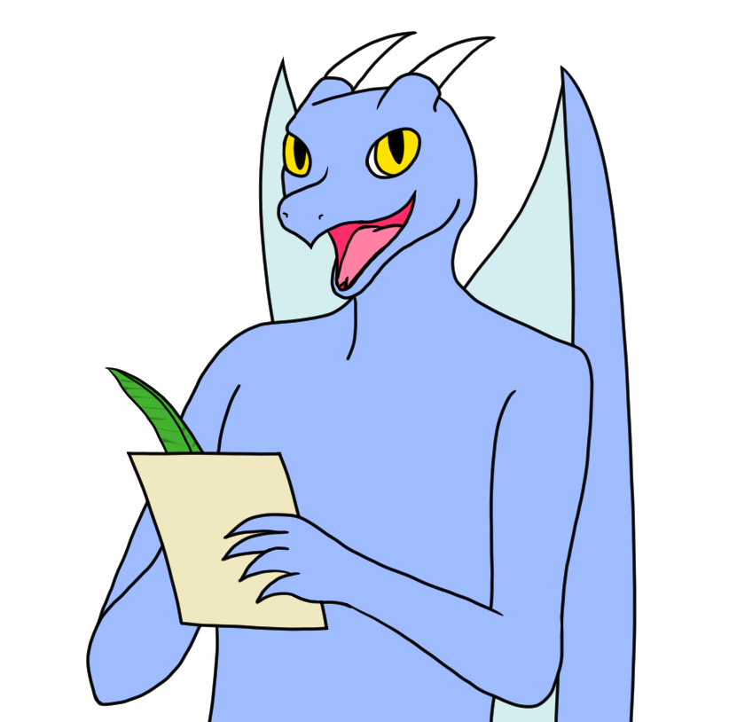My fursona smiling at you and holding a quill pen and paper